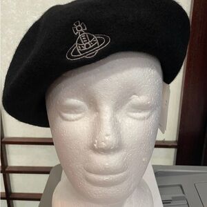 Authentic Vivienne Westwood beret hat cap Black orb embroidery wool Ladies S/M